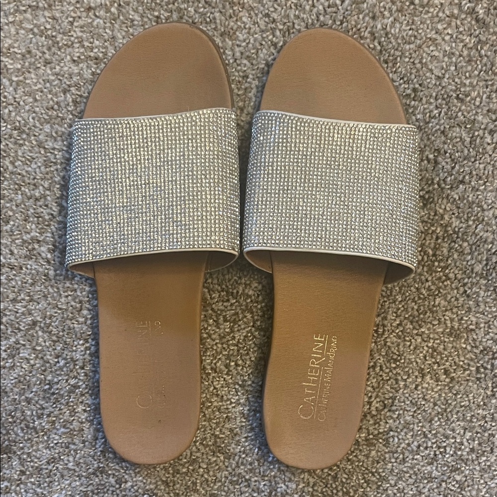 Catherines Metallic and Tan Slide Sandals